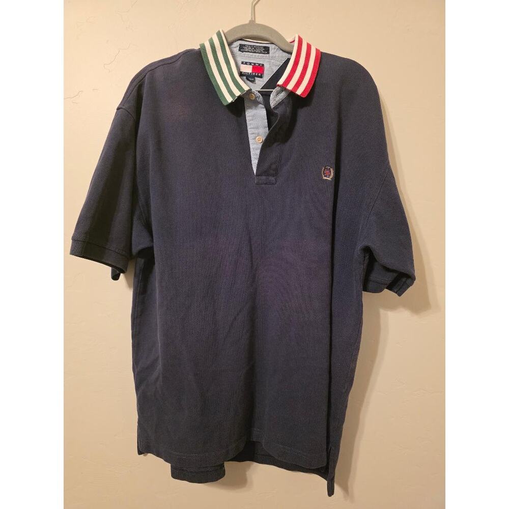 Tommy Hilfiger Polo Shirt XL Navy Colorblock Collar Flag Logo 100% Cotton